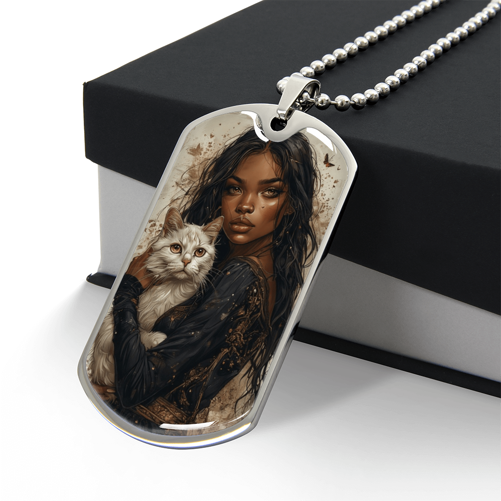 Beautiful Strong Cat Lady Dog Tag Pendant Necklace