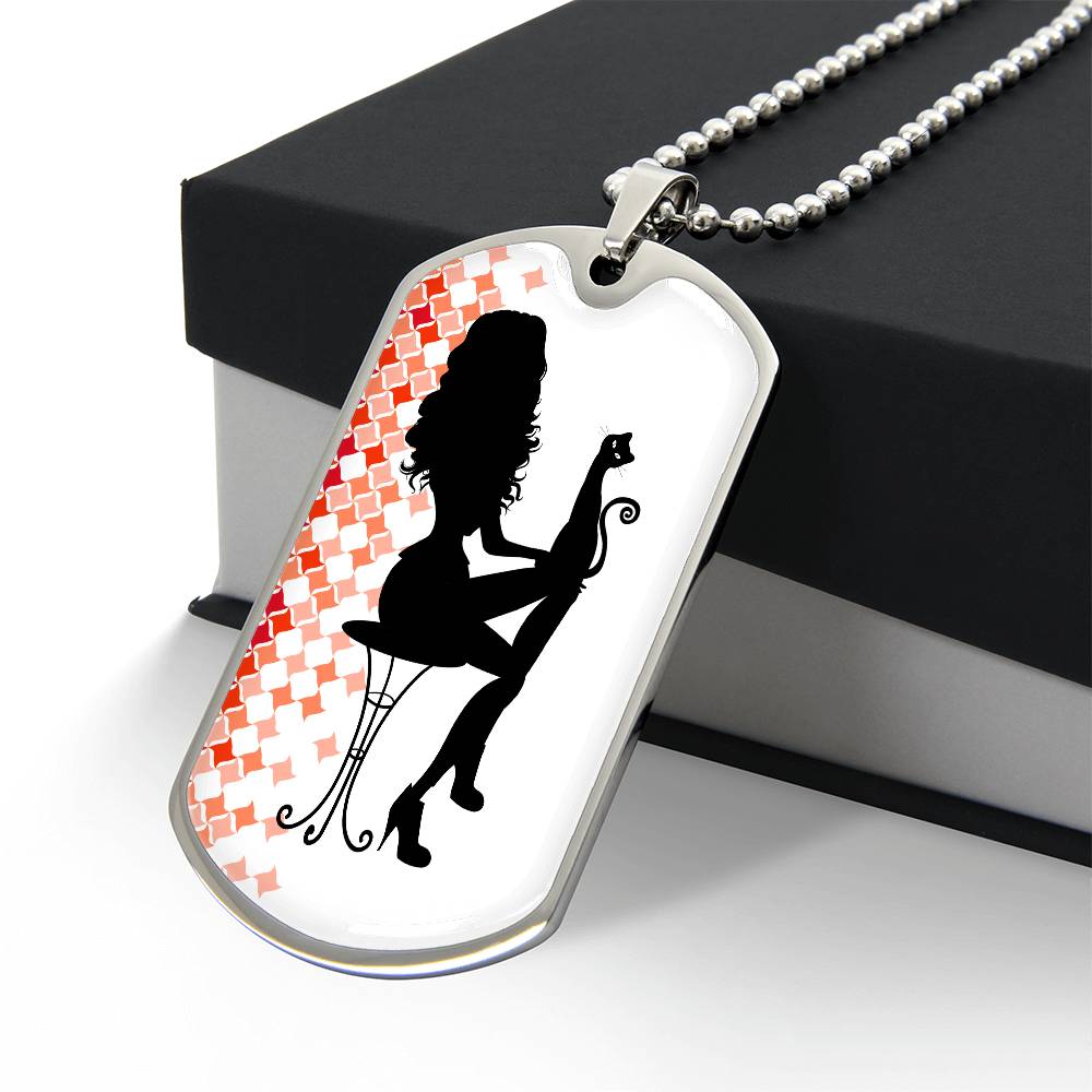 Photo depicting the ​Poised Cat Lady Dog Tag Necklace from EpiAl's Shop.