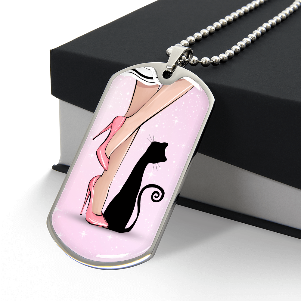 Pink Cat Lady Dog Tag Necklace