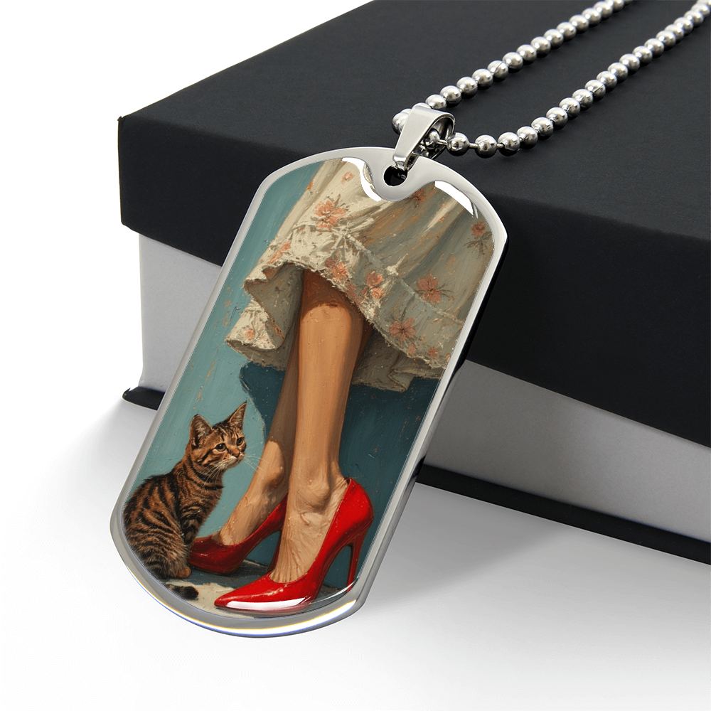 Cat Lady in Red Dog Tag Necklace