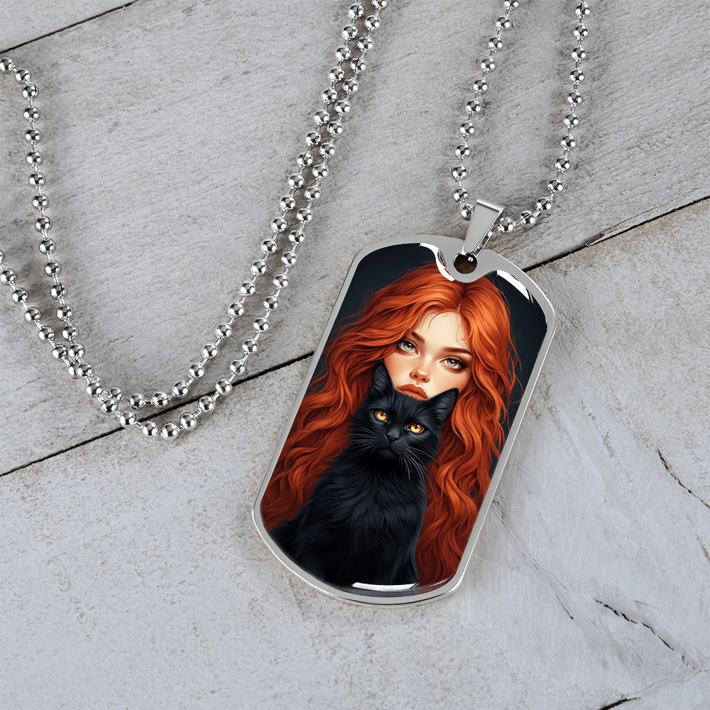 Red Haired Cat Lady Dog Tag Necklace