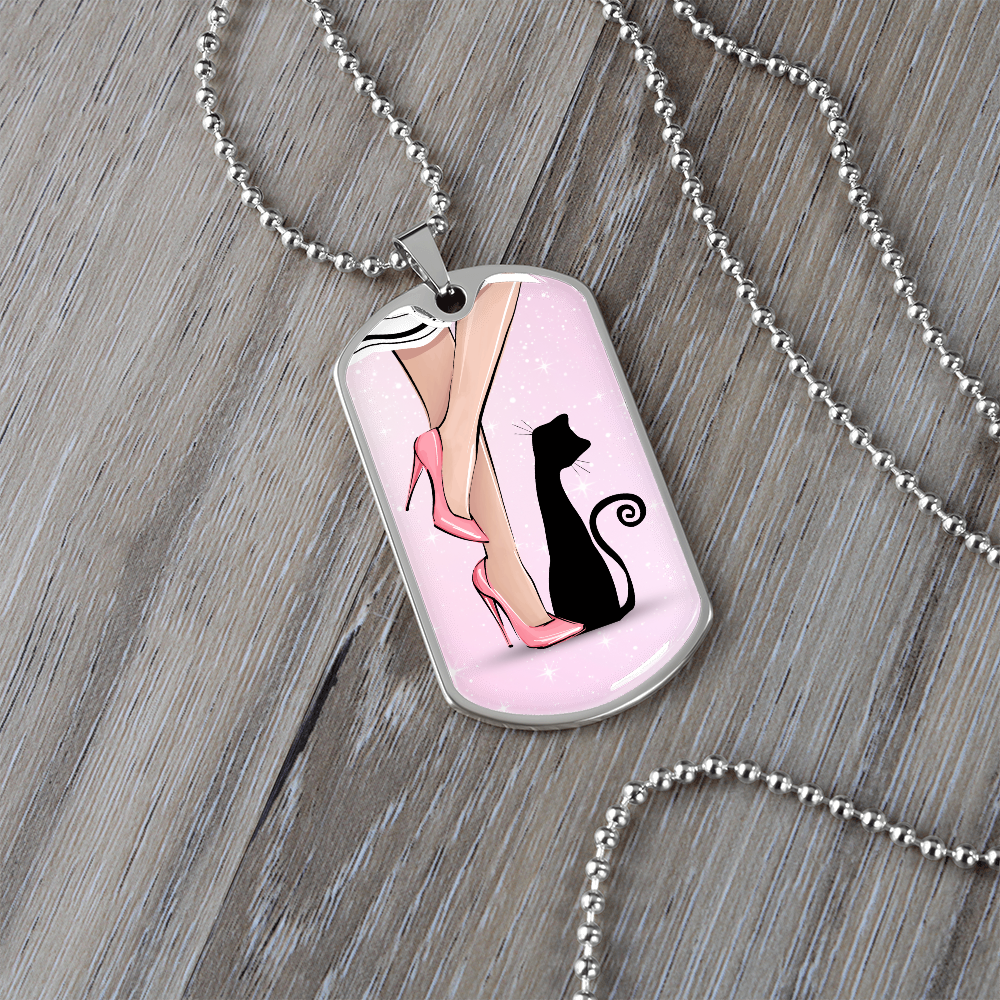 Pink Cat Lady Dog Tag Necklace