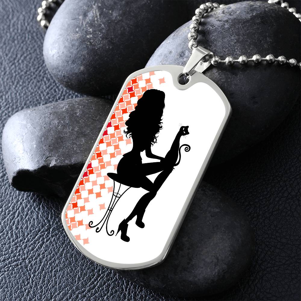 Photo depicting the ​Poised Cat Lady Dog Tag Necklace from EpiAl's Shop.