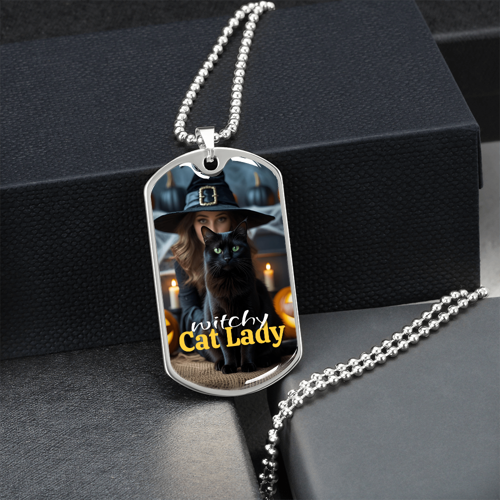 Witchy Cat Lady Dog Tag Necklace