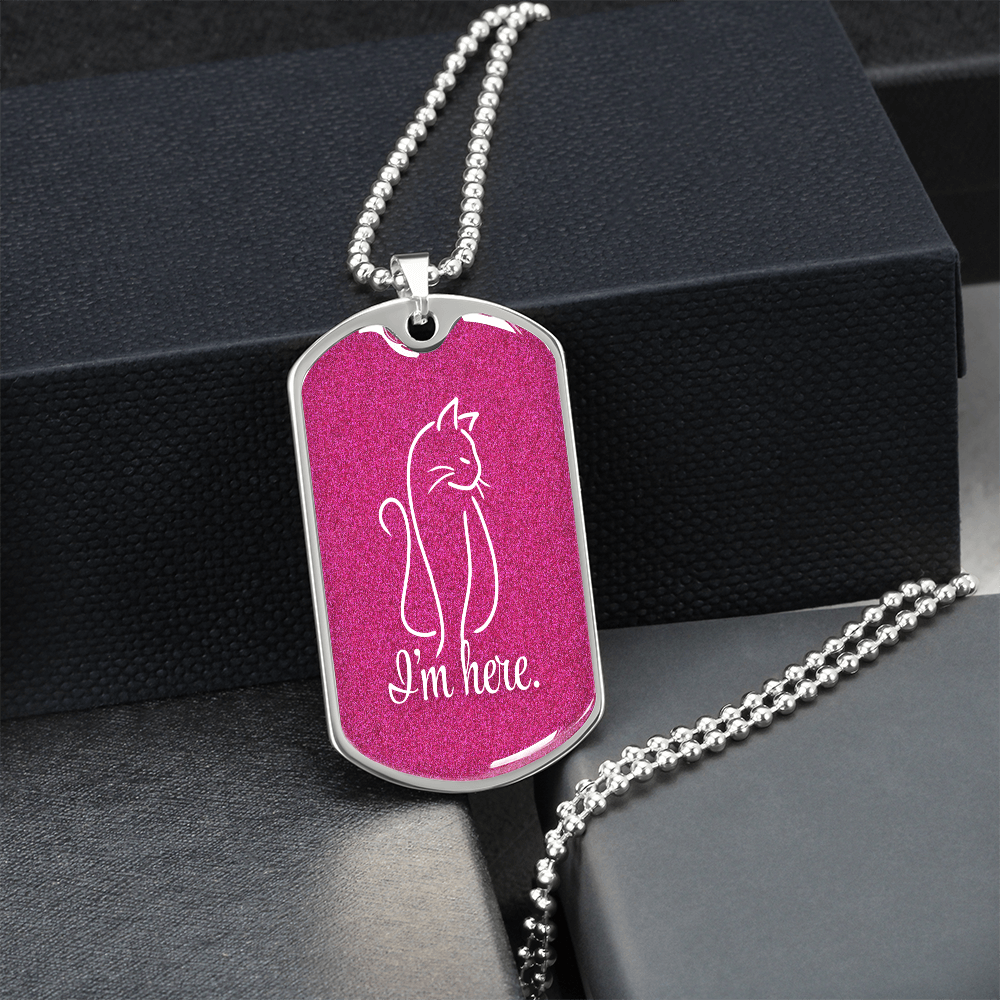 “I'm Here” Cat Line Art Dog Tag Necklace – Silver or Gold Finish
