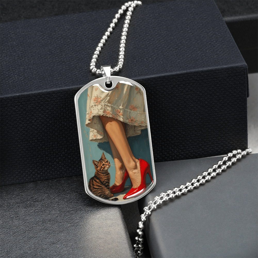 Cat Lady in Red Dog Tag Necklace