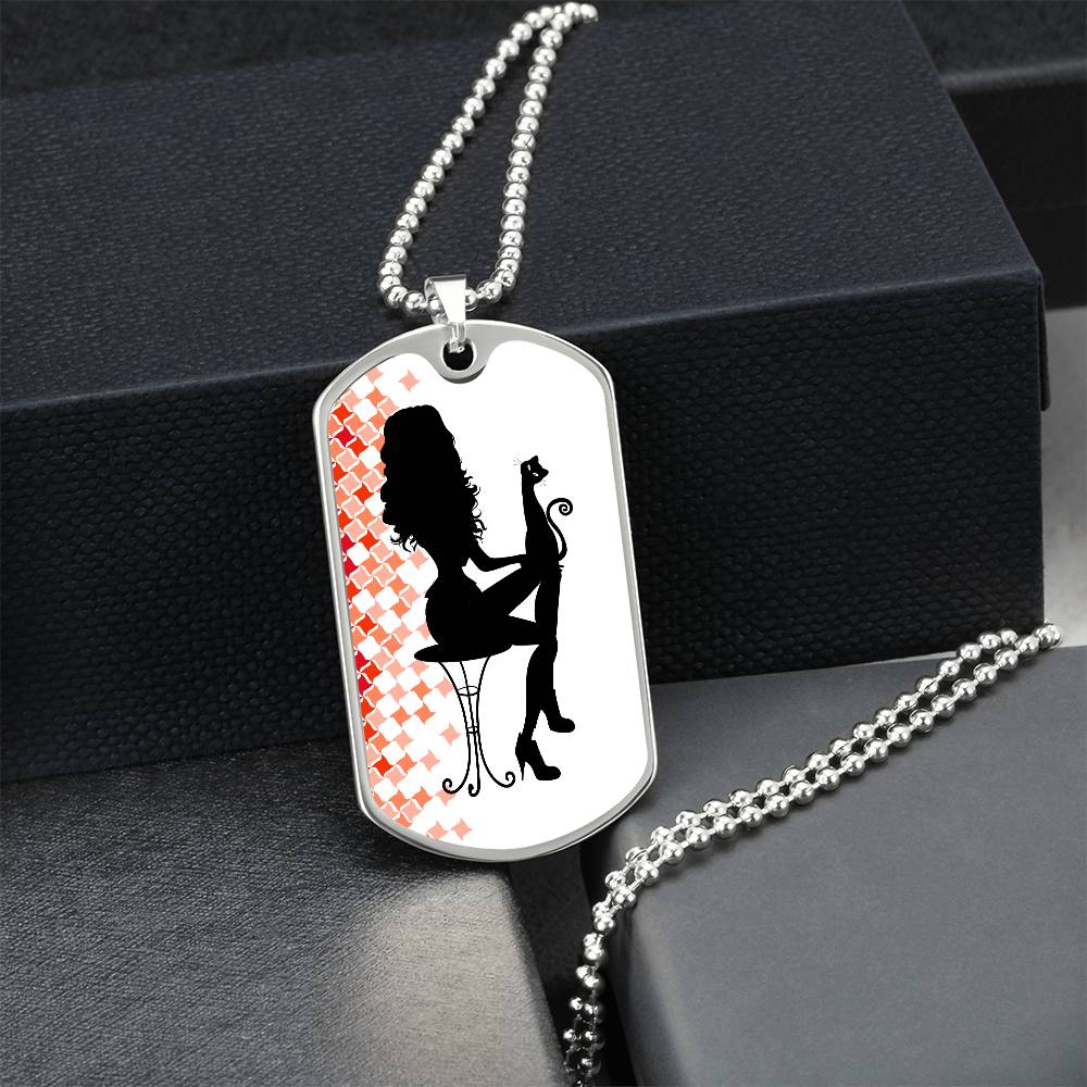 Photo depicting the ​Poised Cat Lady Dog Tag Necklace from EpiAl's Shop.
