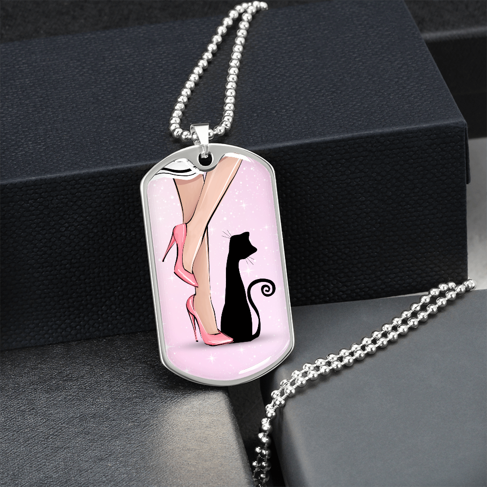 Pink Cat Lady Dog Tag Necklace