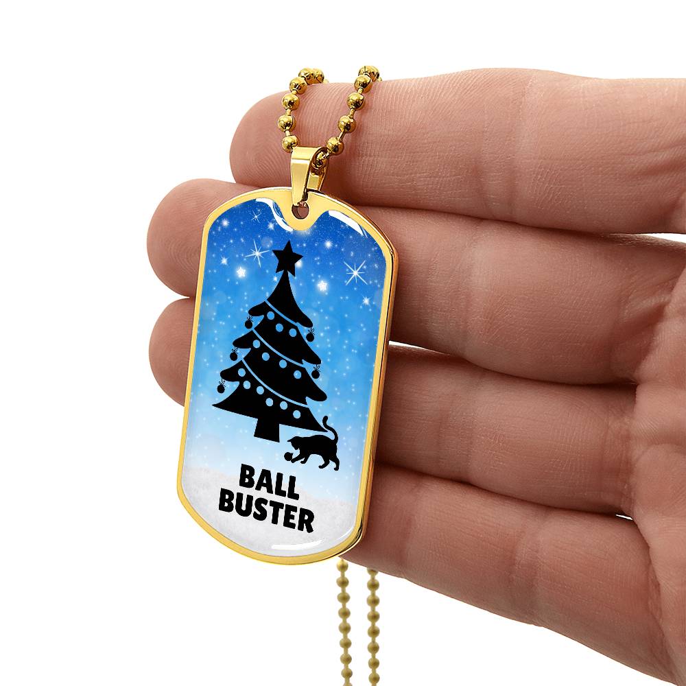 Photo depicting the ​Christmas Ball Buster Dog Tag Necklace from EpiAl's Shop.