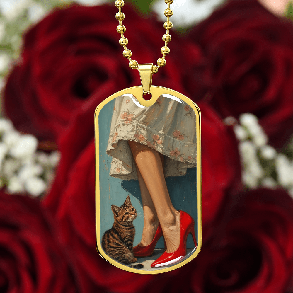 Cat Lady in Red Dog Tag Necklace