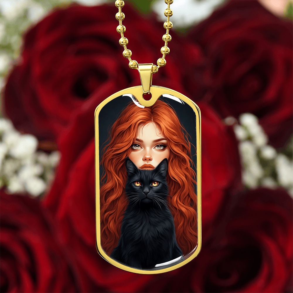 Red Haired Cat Lady Dog Tag Necklace