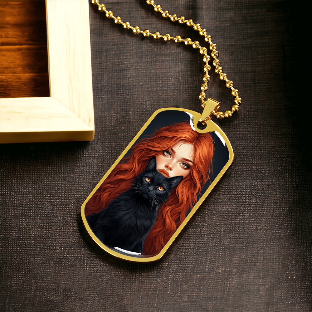 Red Haired Cat Lady Dog Tag Necklace