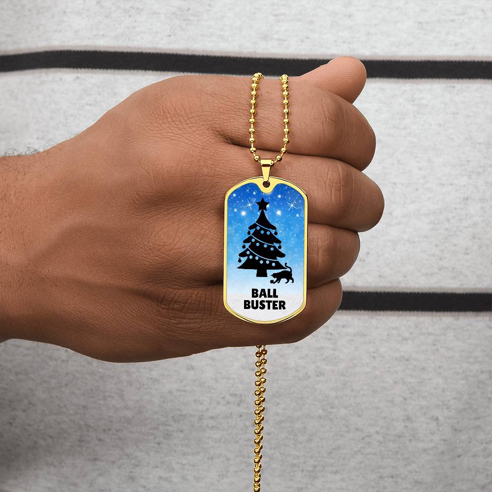 Photo depicting the ​Christmas Ball Buster Dog Tag Necklace from EpiAl's Shop.