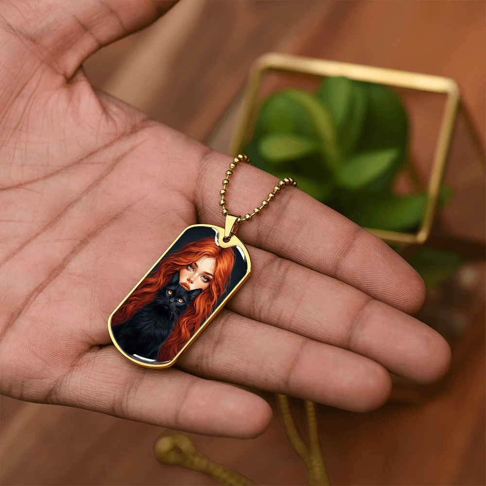 Red Haired Cat Lady Dog Tag Necklace