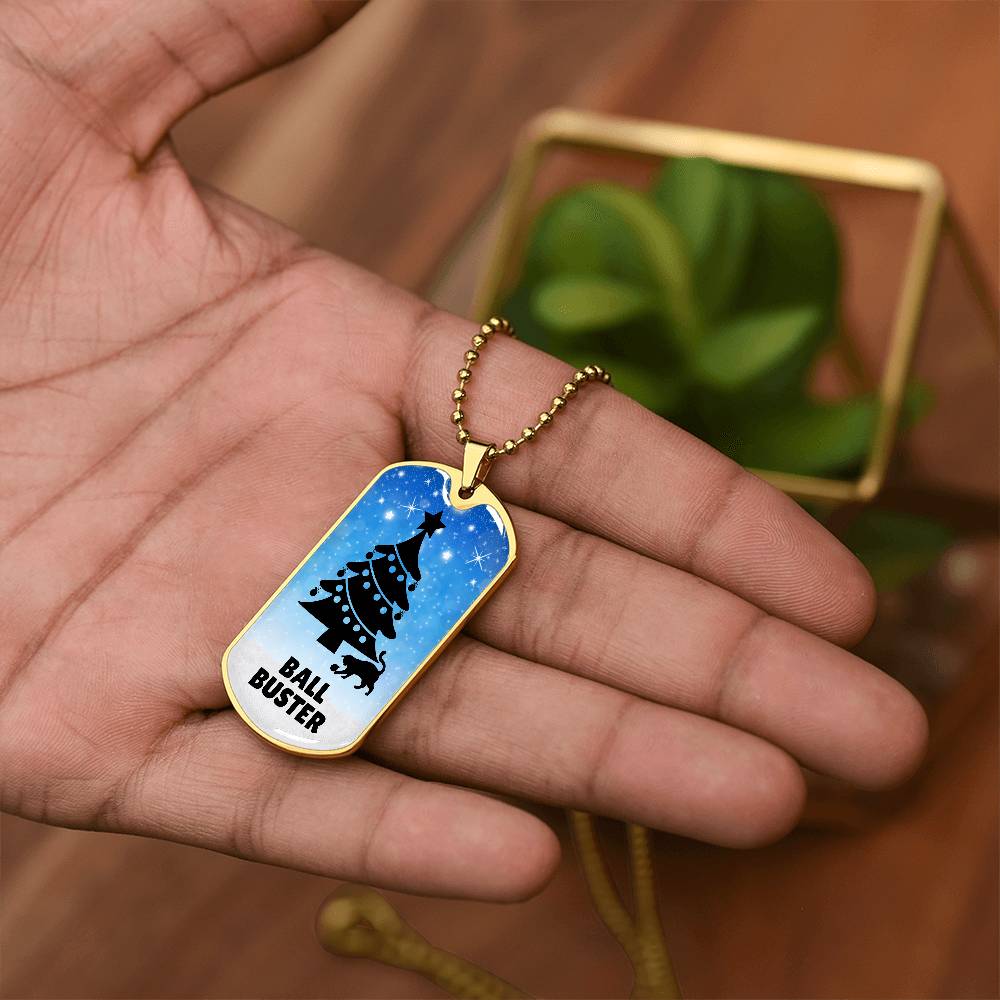 Photo depicting the ​Christmas Ball Buster Dog Tag Necklace from EpiAl's Shop.