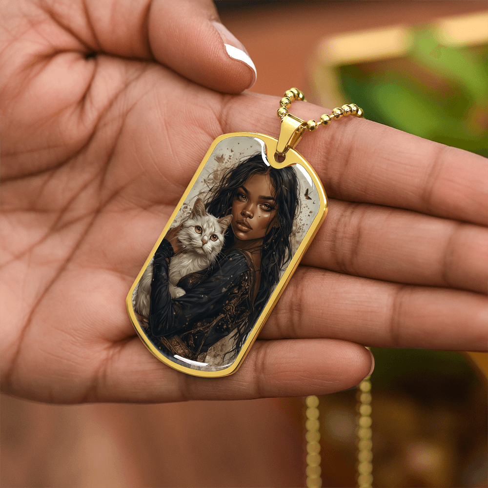 Beautiful Strong Cat Lady Dog Tag Pendant Necklace