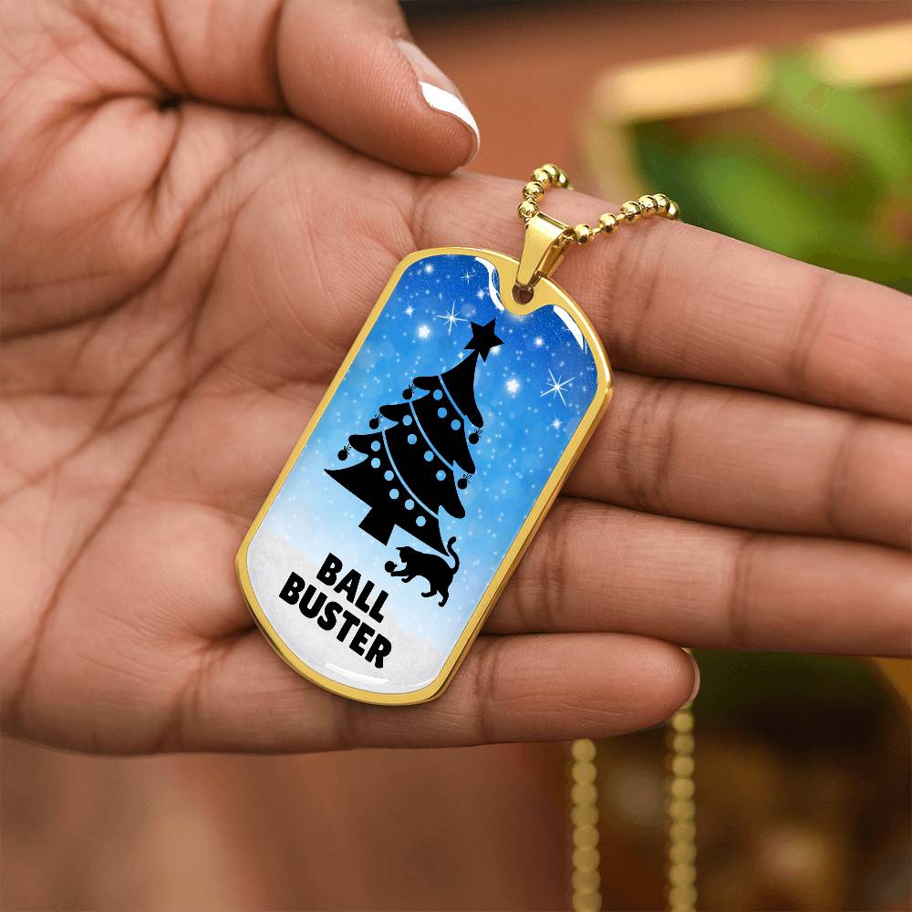 Photo depicting the ​Christmas Ball Buster Dog Tag Necklace from EpiAl's Shop.