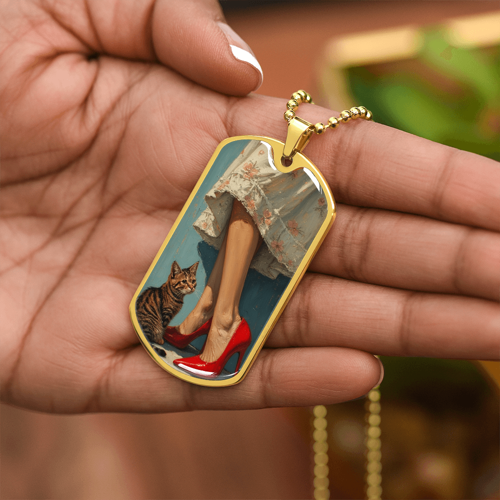 Cat Lady in Red Dog Tag Necklace