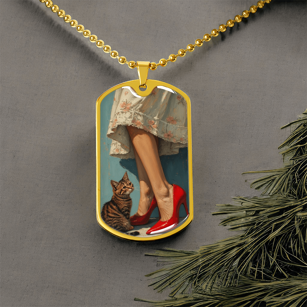 Cat Lady in Red Dog Tag Necklace