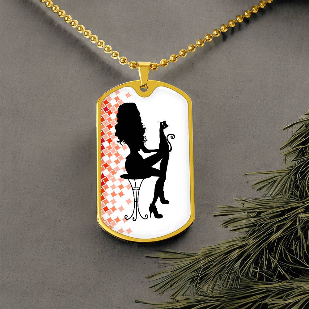 Photo depicting the ​Poised Cat Lady Dog Tag Necklace from EpiAl's Shop.