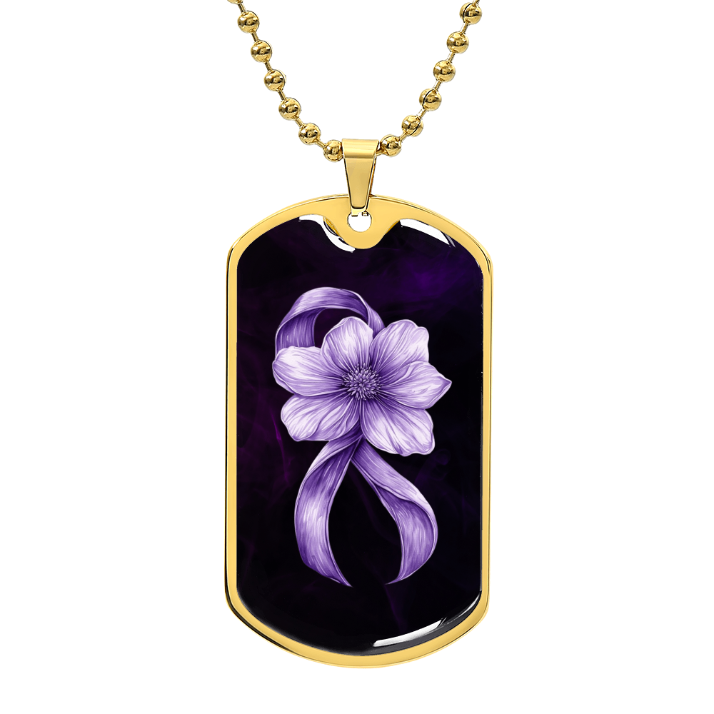 Flowery Purple Ribbon Dog Tag Necklace