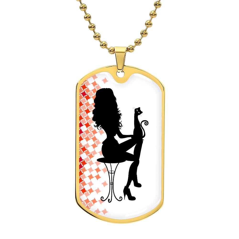 Photo depicting the ​Poised Cat Lady Dog Tag Necklace from EpiAl's Shop.