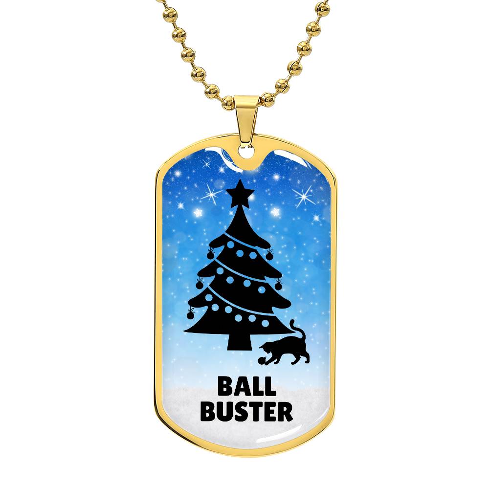 Photo depicting the ​Christmas Ball Buster Dog Tag Necklace from EpiAl's Shop.