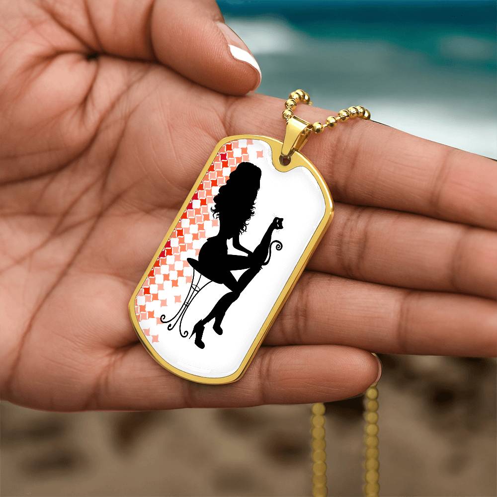 Photo depicting the ​Poised Cat Lady Dog Tag Necklace from EpiAl's Shop.