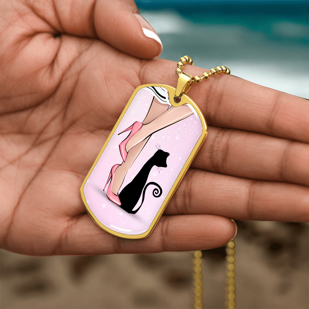 Pink Cat Lady Dog Tag Necklace