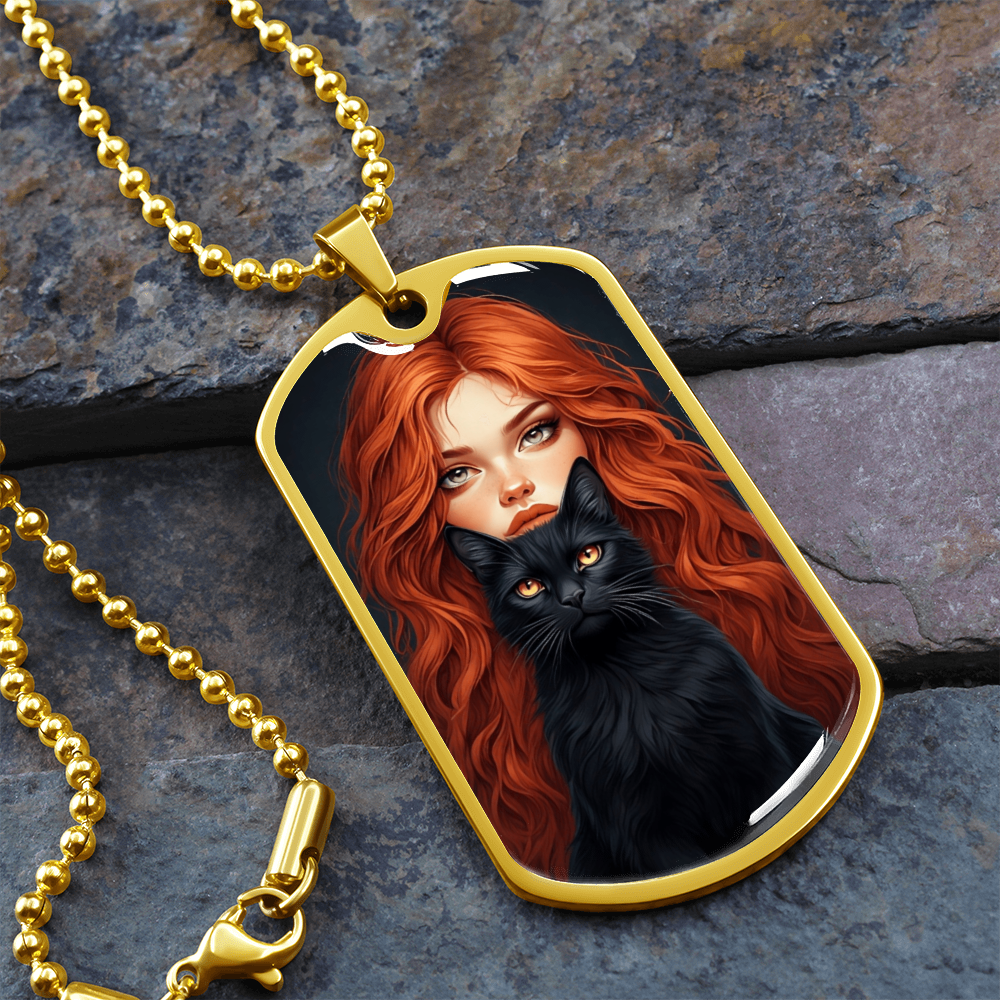 Red Haired Cat Lady Dog Tag Necklace