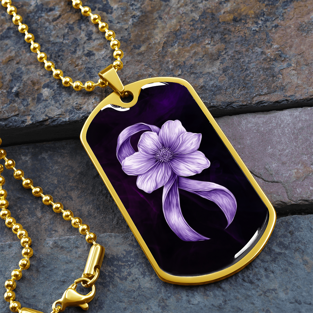 Flowery Purple Ribbon Dog Tag Necklace