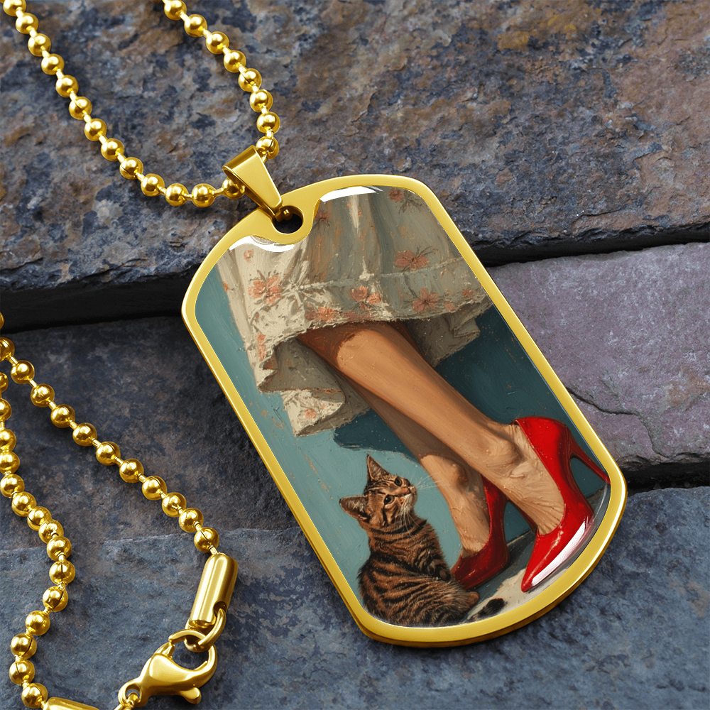 Cat Lady in Red Dog Tag Necklace