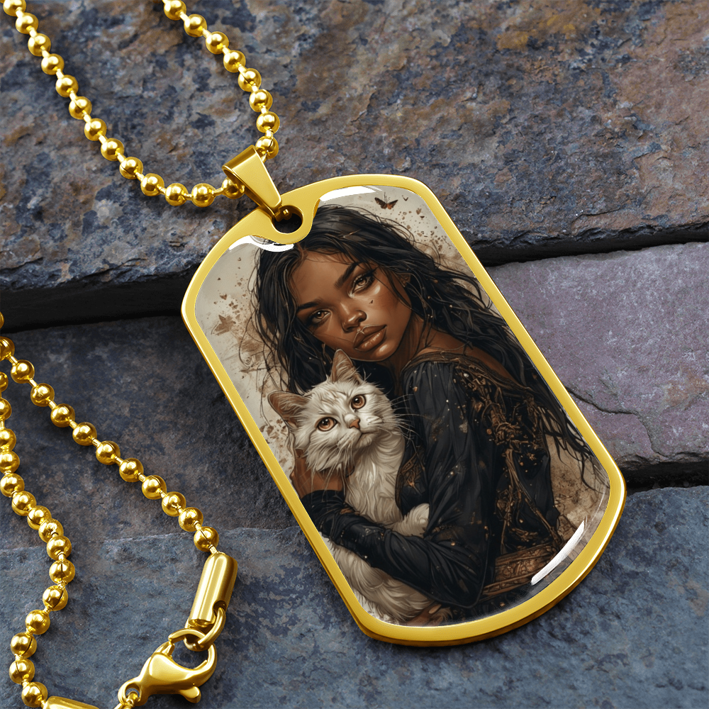 Beautiful Strong Cat Lady Dog Tag Pendant Necklace