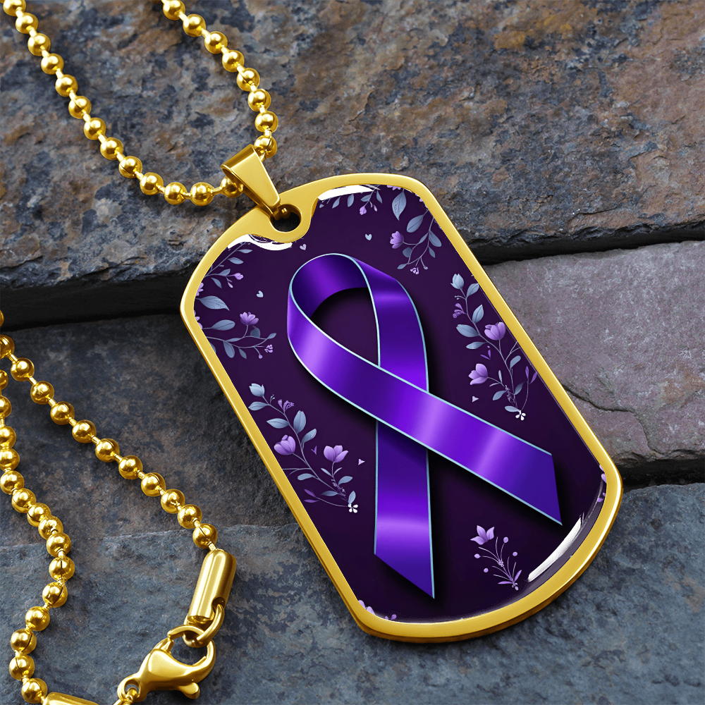 Purple Ribbon on Flowery Background Necklace