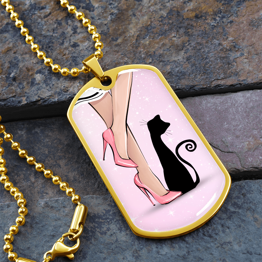 Pink Cat Lady Dog Tag Necklace