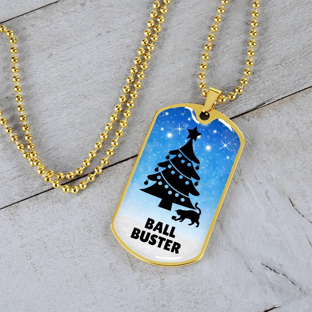 Photo depicting the ​Christmas Ball Buster Dog Tag Necklace from EpiAl's Shop.