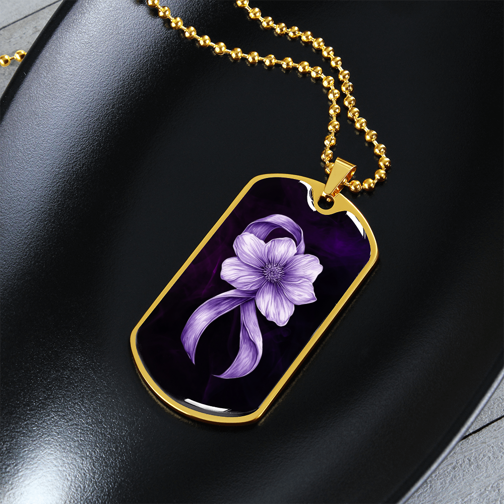 Flowery Purple Ribbon Dog Tag Necklace