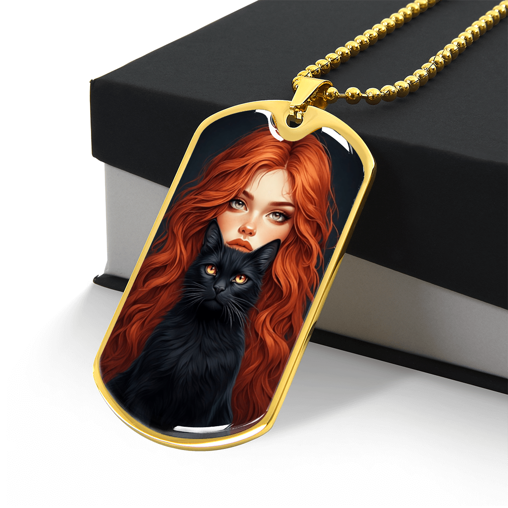 Red Haired Cat Lady Dog Tag Necklace