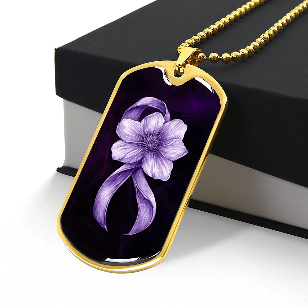 Flowery Purple Ribbon Dog Tag Necklace