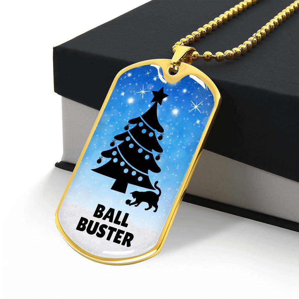 Photo depicting the ​Christmas Ball Buster Dog Tag Necklace from EpiAl's Shop.