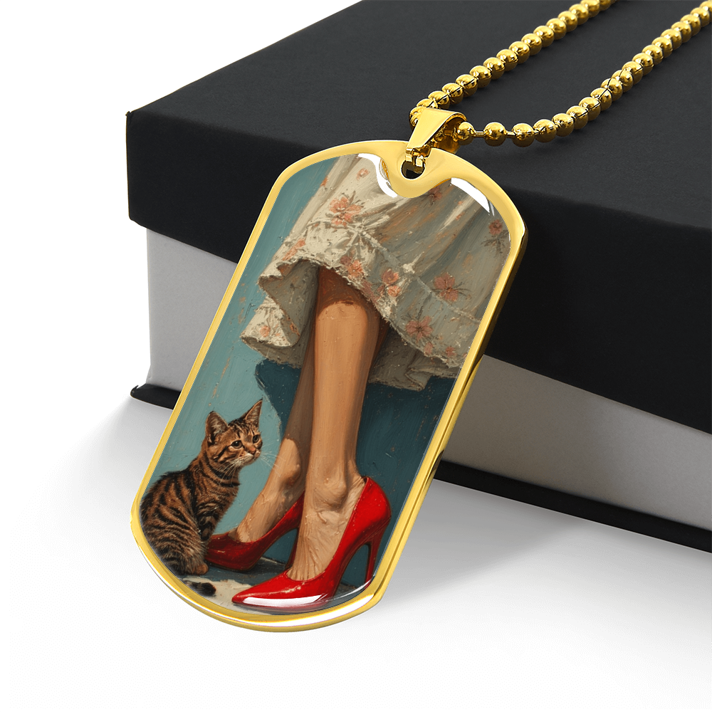 Cat Lady in Red Dog Tag Necklace