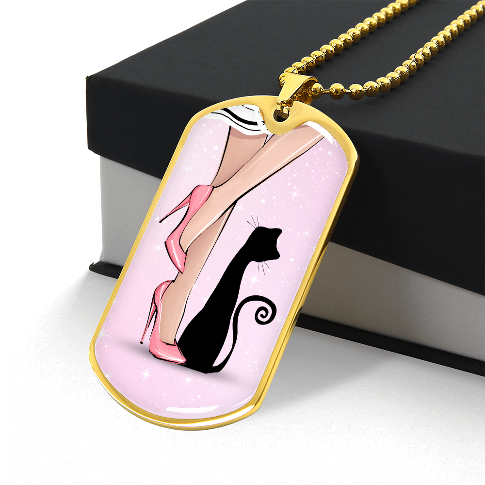 Pink Cat Lady Dog Tag Necklace