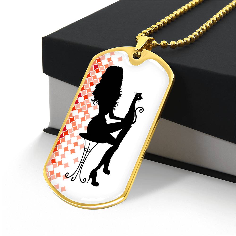 Photo depicting the ​Poised Cat Lady Dog Tag Necklace from EpiAl's Shop.