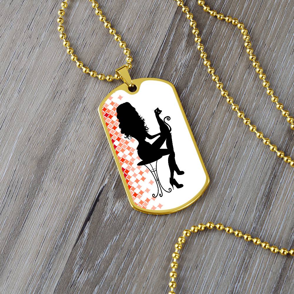 Photo depicting the ​Poised Cat Lady Dog Tag Necklace from EpiAl's Shop.