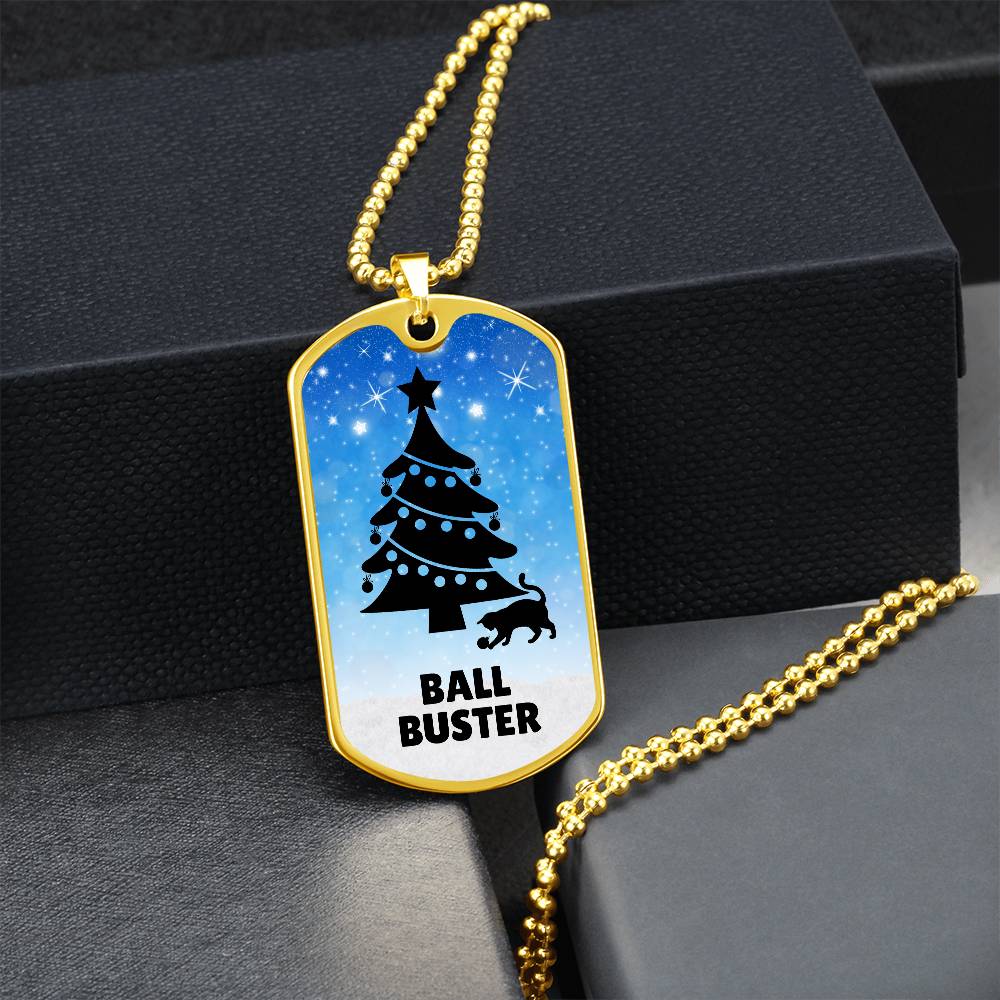 Photo depicting the ​Christmas Ball Buster Dog Tag Necklace from EpiAl's Shop.