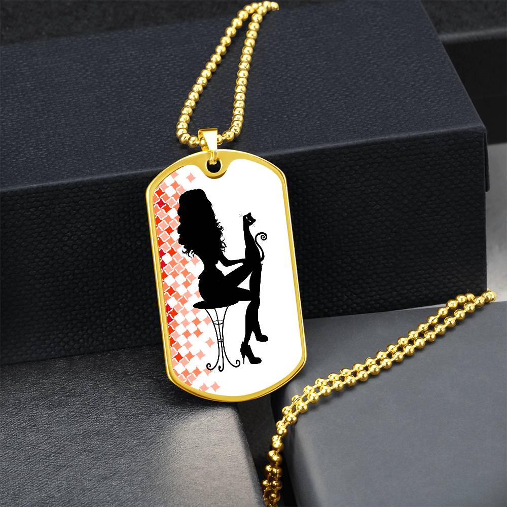 Photo depicting the ​Poised Cat Lady Dog Tag Necklace from EpiAl's Shop.