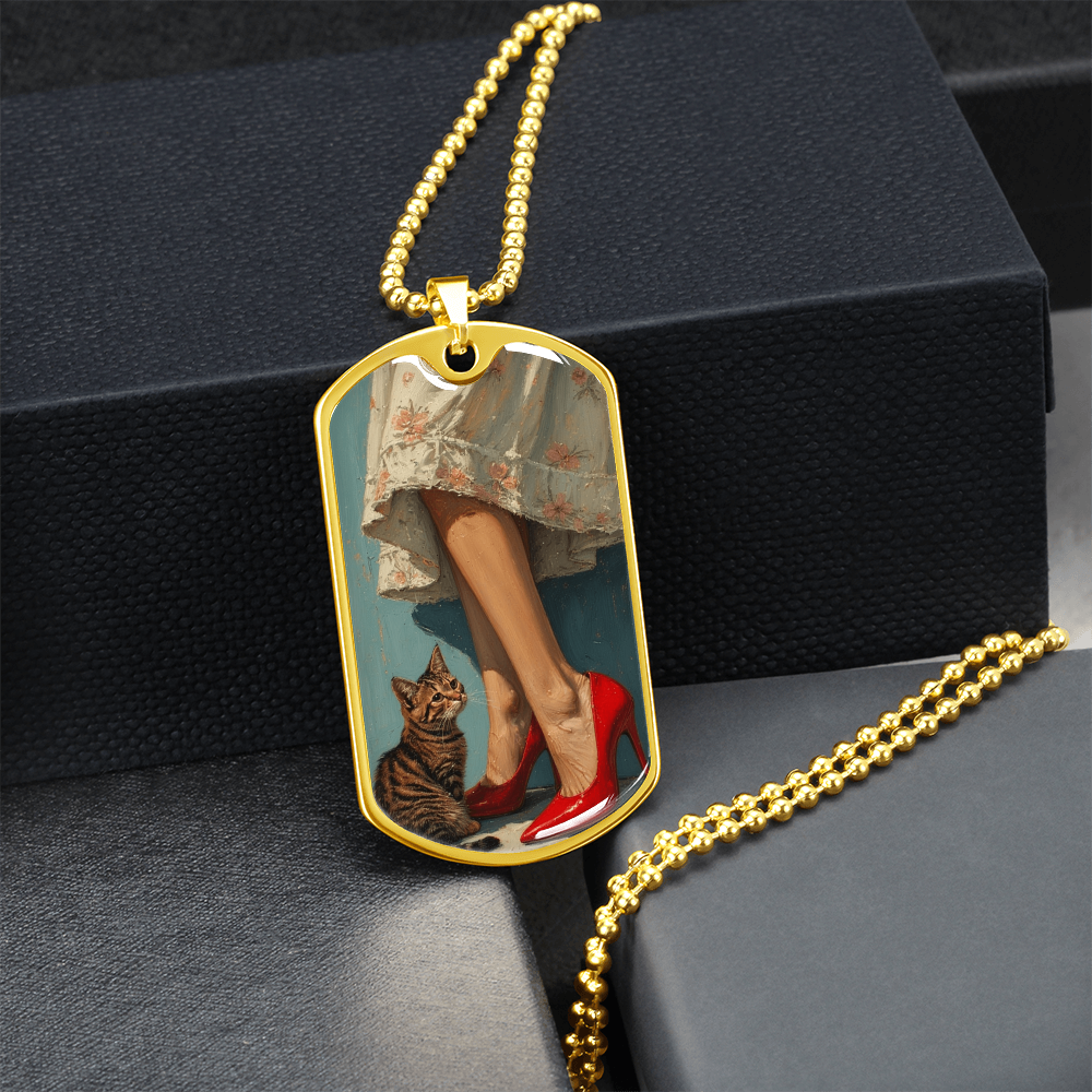 Cat Lady in Red Dog Tag Necklace