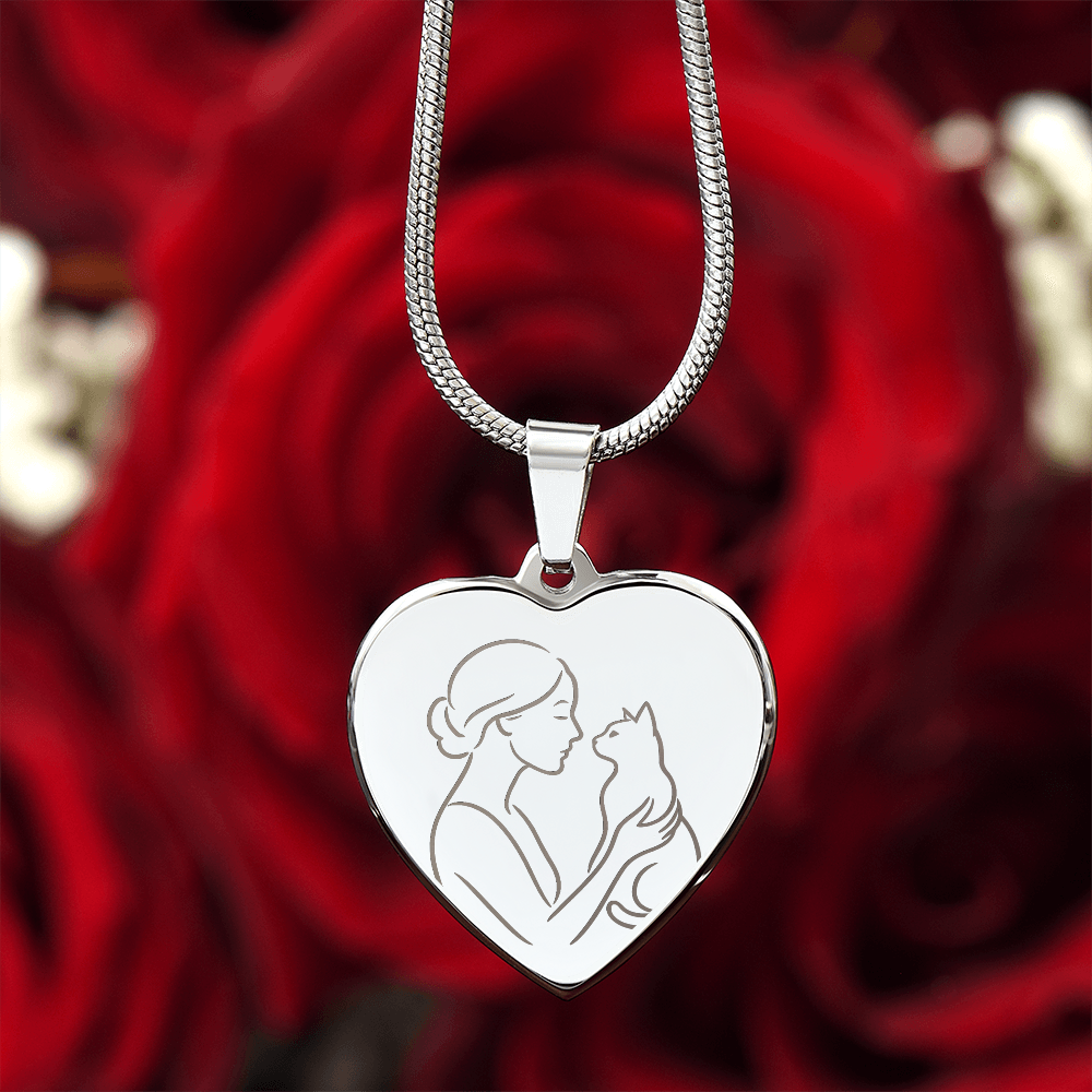 Cat Lady Heart Necklace – Engraved Line-Art Pendant