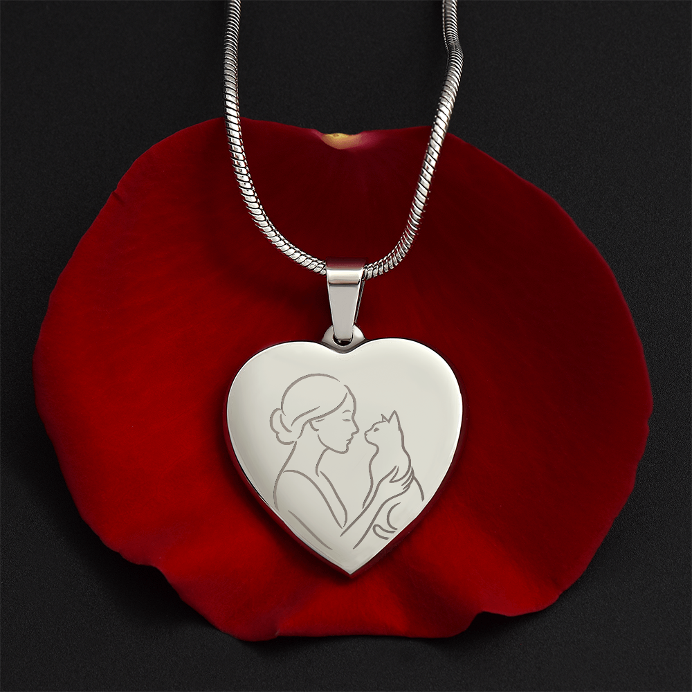 Cat Lady Heart Necklace – Engraved Line-Art Pendant