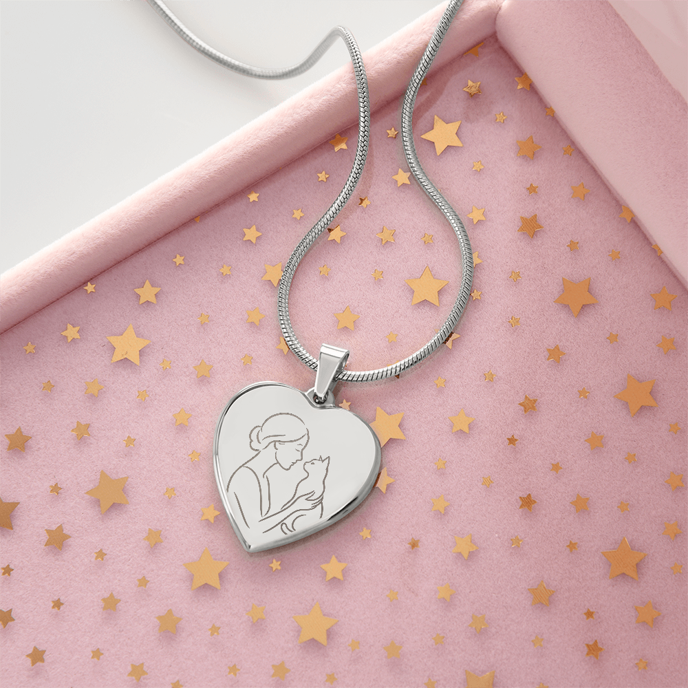 Cat Lady Heart Necklace – Engraved Line-Art Pendant